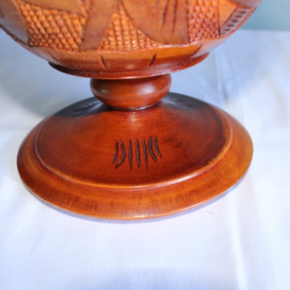 Vintage Hand Turned Carved Solid Wood Pedestal Vase With Lid 14" Tall - Picture 11 of 12